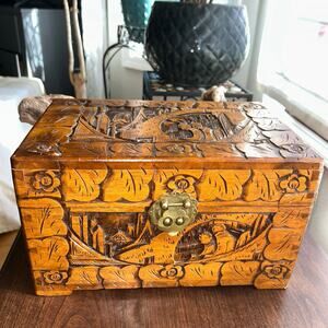 Large Chinese Camphor Wood Carved Box Vintage Intricate Jewelry Decorative